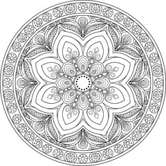 Intricate mandala flower design with detailed circular patterns, abstract symmetry line art for adult coloring books, decorative vector illustration