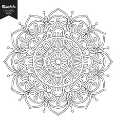 Mandala coloring page, intricate floral design, detailed circular pattern, adult coloring book, hand-drawn vector art, decorative line art, flat vector illustration