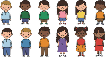 Diverse standing kids, multicultural boys and girls, smiling children, different outfits and hairstyles, happy kids, diverse ethnicity, cute cartoon kids