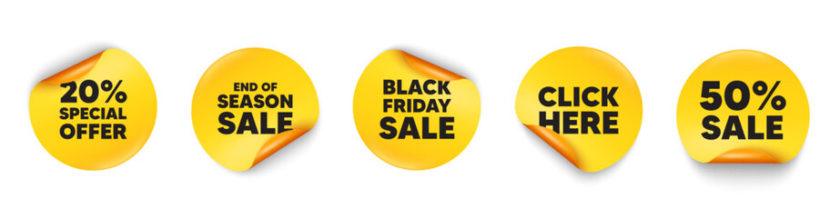 Discount sticker tag. 50 percent discount, Black friday paper price banners. 20 percent discount offer tag. Sale price promo sign. Special offer symbol. Click here sticker. Vector