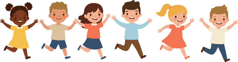 Happy cartoon children running, diverse kids illustration, joyful group of boys and girls, fun, cute, smiling, flat design style