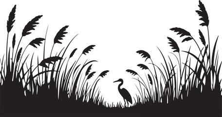Silhouette of a Heron Standing in Reeds with Tall Grass and Cattails bird