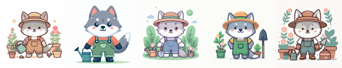 cute wolf vector gardening in the garden