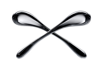 Shiny metallic mercury-like blobs merging midair with fluid ribbons on transparent background