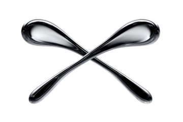 Shiny metallic mercury-like blobs merging midair with fluid ribbons on transparent background