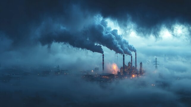 Industrial emissions from factories releasing smoke and pollutants, highlighting environmental challenges and climate impact visuals