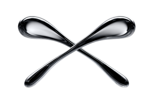 Shiny metallic mercury-like blobs merging midair with fluid ribbons on transparent background