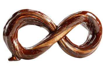 Glossy liquid chocolate ribbon shaped into a smooth mobius loop with highlights on transparent background