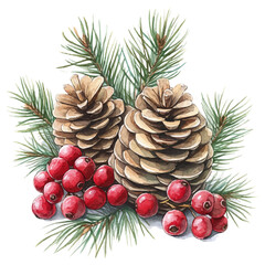 watercolor of Winter Berries And Pinecones, vector, isolated on a white background.