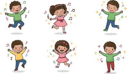 Happy kids dancing, jumping children, joyful boys and girls, music notes, playful kids, cheerful kids, colorful outfits, smiling faces