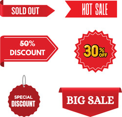 Red promotional sale tags and banners with discount offers and sale announcements