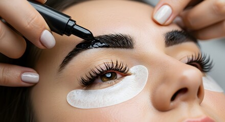 Close up of a woman getting her eyebrows tinted with a black marker and eye pads for lash extensions