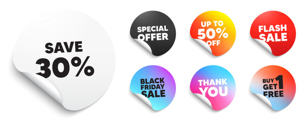 Discount sticker tag. Special offer paper price tags. Save 30 percent off tag. Sale Discount offer price sign. Special offer symbol. Discount, black friday sticker. Promo banner. Vector
