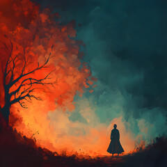 Abstract Landscape Artwork: Vibrant Tree Silhouette Against a Fiery Sky and Colorful Forest