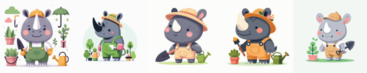 cute rhino vector gardening in the park