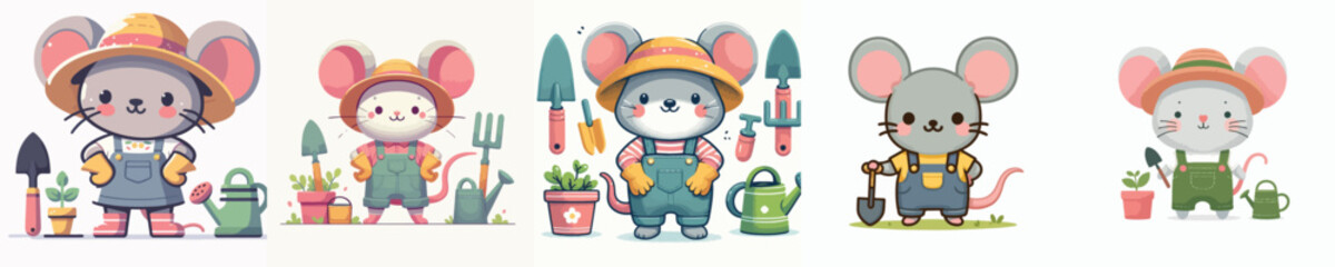 cute mouse vector gardening in the garden