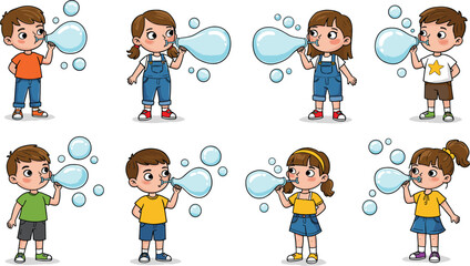 Kids blowing big bubbles, happy children playing, colorful outfits, outdoor fun, cheerful boys and girls, bubble blowing activity illustration