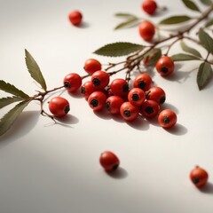 Studio still life with a central arrangement of rowan berries and rose hips. Soft warm studio lighting, minimalist composition, shallow depth of field, high-angle view. High-resolution photo for autum