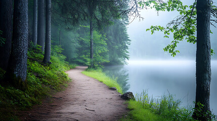 Fototapeta premium Calm river path through dense forest with mist and mountain backdrop high resolution picture.