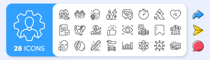 Atom core, Car charge and Inspect line icons. Interest rate, AI generate, Inflation icons. Pack of Face verified, Electronic thermometer, Home charging icon. Vector