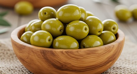 Close-up shot of a rustic wooden bowl filled with vibrant green olives ready to be enjoyed in a