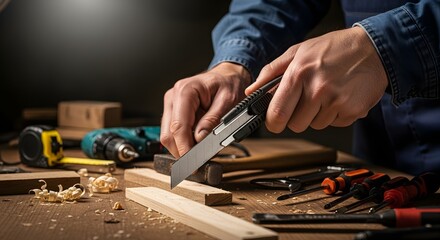 Man using a utility knife on wood with tools and wood shavings on a wooden surface in a workshop