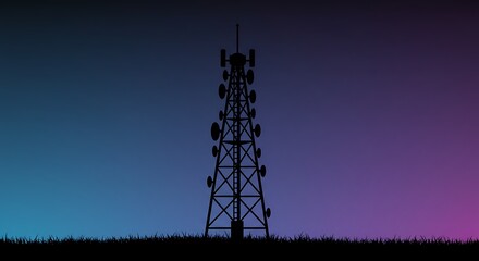 Communication infrastructure silhouette against vibrant twilight backdrop landscape
