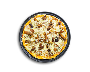 Delicious cheesy pizza with chicken, beef and vegetables served on black plate isolated on white and orange background, tasty fast food, Italian cuisine, restaurant menu and social media food concept