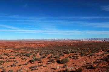 A picturesque landscape in Arizona. The desert is covered with small grasses and shrubs. Mountains can be seen in the background