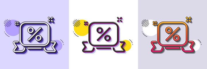 Discounts ribbon line icon. Halftone dotted pattern. Gradient icon with grain shadow. Sale offer sign. Promotion price symbol. Line discounts ribbon icon. Various designs. Vector