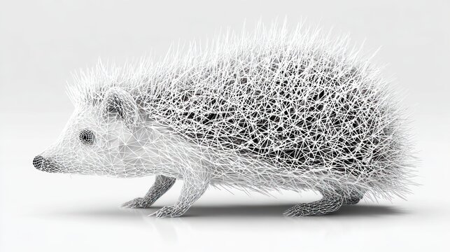 Digital rendering of hedgehog with geometric, wireframe quills