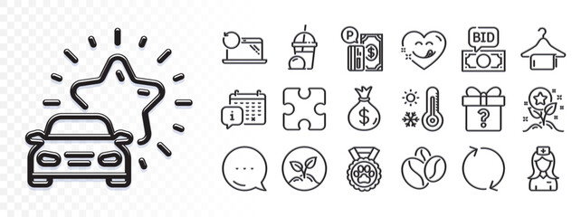 Bid offer, Secret gift and Coffee beans line icons for web app. Glare of light effect. Message icon. Pack of Ice cream milkshake, Yummy smile, Money bag pictogram icons. Vector
