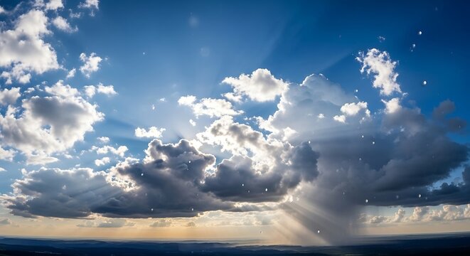 Cloudscape with sun rays and blue sky.