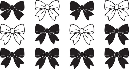Obraz premium Twelve Bow Graphics in Black and White Outline and Solid Fill Styles ribbon gift