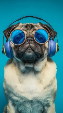 Cool Pug Dog with Headphones and Sunglasses. Funky Pet Listening To Music In Trendy Style On Blue Background. Vertical Video