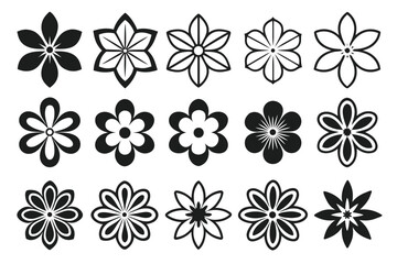 Black and White Flower Icons Collection Various Shapes Styles Botanical Illustration Vector Elements Floral Design Resources for Graphic Projects