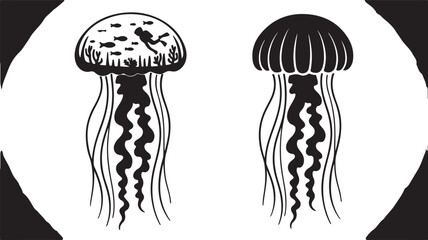 Fototapeta premium Two Jellyfish Silhouettes One with Diver and Fish sea creature marine life