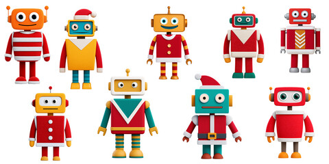 Charming, festive robots in Santa hats and winter attire radiate warmth and good cheer, ideal for conveying a futuristic yet heartwarming Christmas message, or digital art projects.