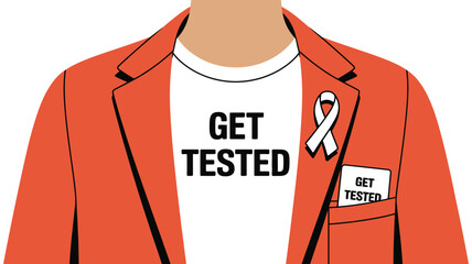 Orange blazer with a get tested t shirt and ribbon promoting health awareness and medical check ups now today