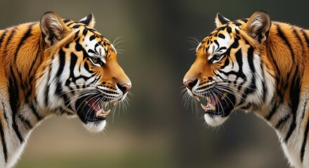 Two Tigers Facing Off in Forest.