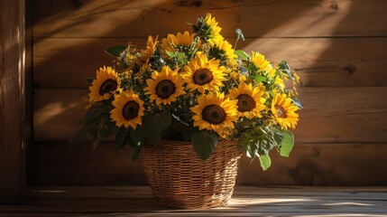 Bright Sunflower Bouquet in Woven Basket on Wooden Background