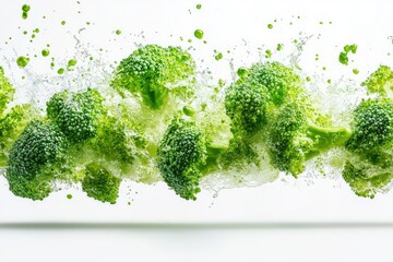 Fresh broccoli, with water drops, splash effect. Floating in the air isolated on white background. Vibrant green florets