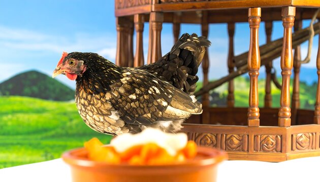 Hen in ornate wooden cage, treats
