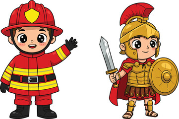 Cartoon firefighter boy in uniform and cute Roman soldier with sword and shield, kids costume illustration, historical and modern professions drawing