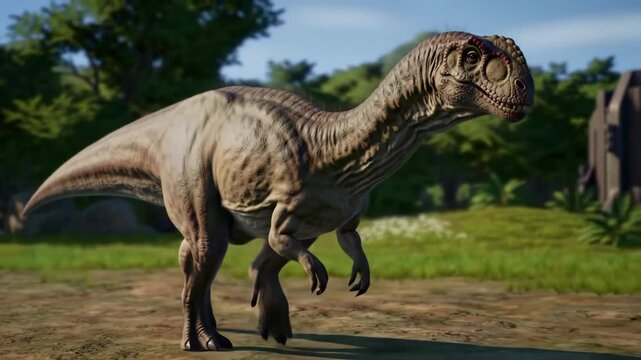 A cinematic 3D animation of an Allosaurus in a prehistoric habitat, with realistic dinosaur motion and detail.