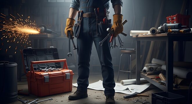 Man in overalls holding wrenches with toolbox and sparks in the background in a workshop setting