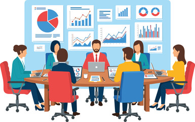 Business meeting illustration, team discussing charts, office data analysis concept, corporate strategy planning, financial report presentation, teamwork collaboration scene