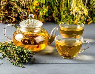 Herbal tea in glass teapot and cups