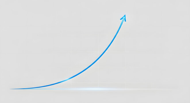 A minimalist chart shows a blue arrow curving upwards in exponential growth symbolizing success financial increase and positive business trends.