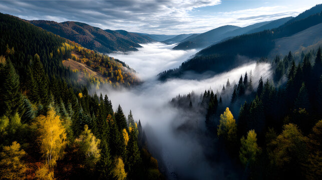 A calm autumn morning with golden forests and a blanet of fog over the mountai valleys, creating a magicl scene.